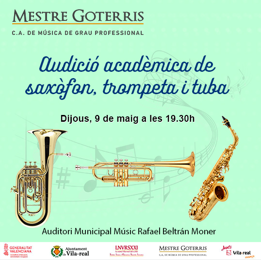 Audición académica de saxofón, trompeta y tuba por los alumnos del centro profesional de música Mestre Goterris.