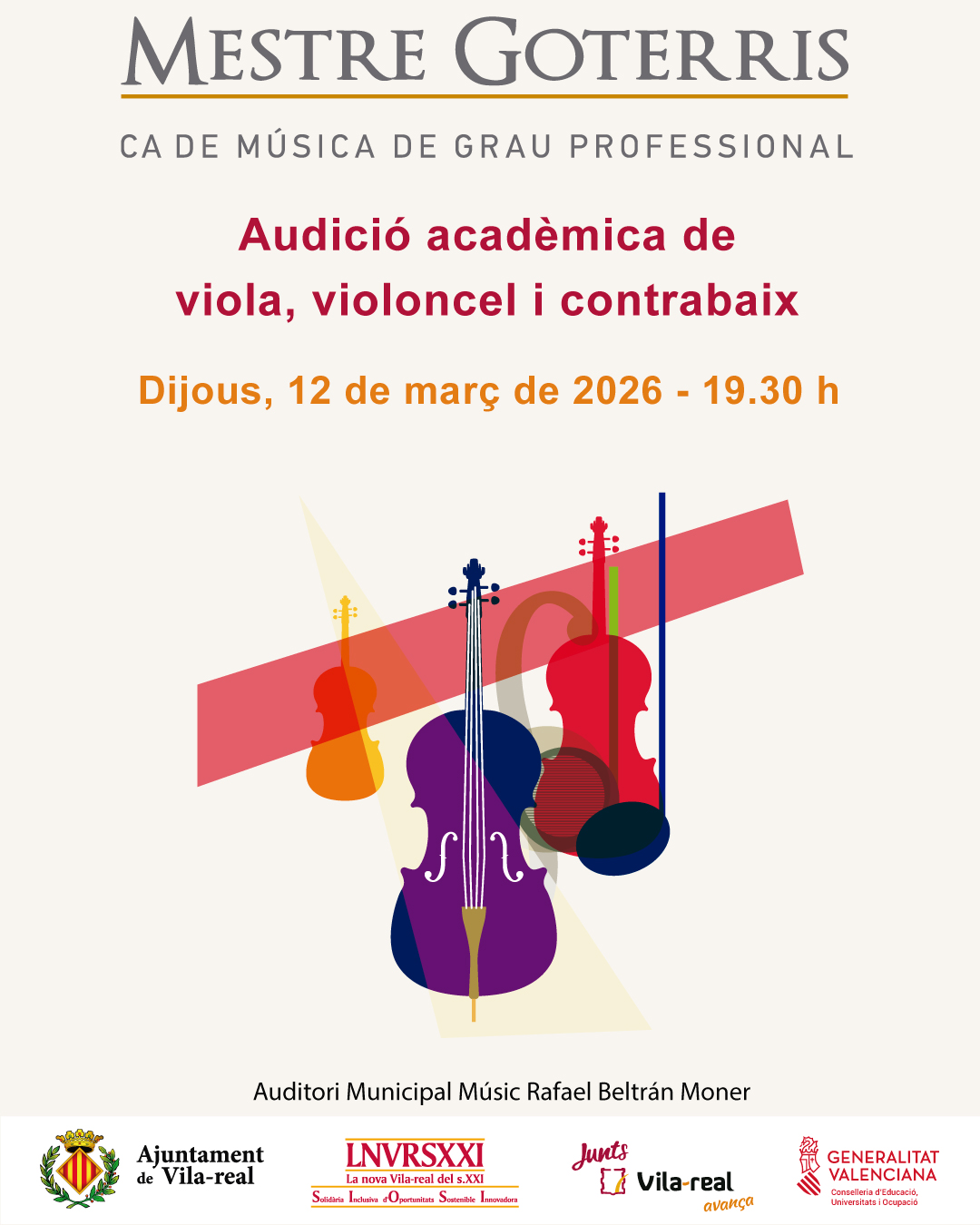 Audició acadèmica de violoncel, viola i contrabaix.
