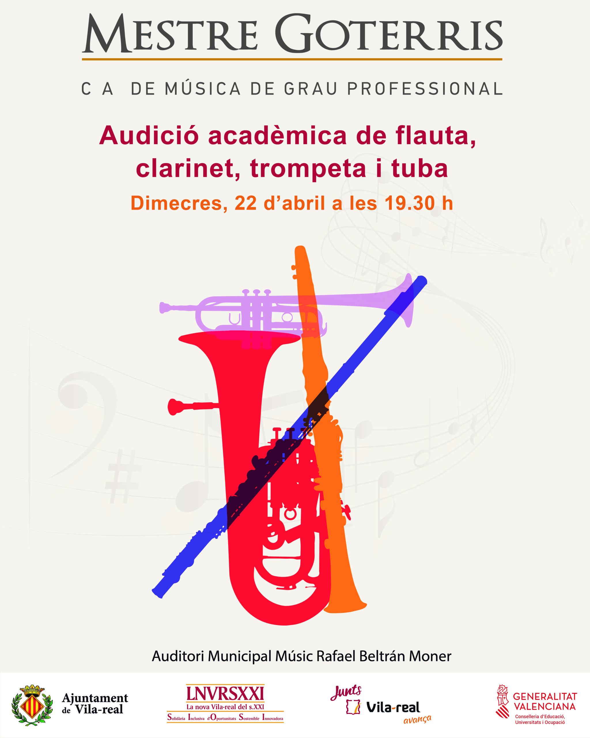 Audició acadèmica de flauta, clarinet, trompeta i tuba